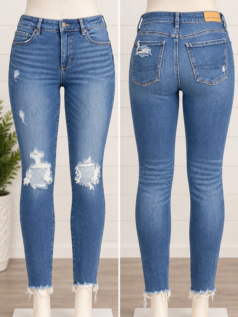 American Eagle Hi-Rise Jegging 12 Long Distressed Raw Hem Stretch Jeans